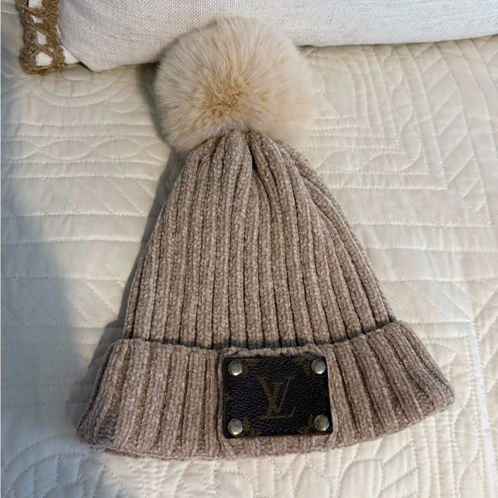 Louis Vuitton Tan Ribbed Beanie with Pom-Pom